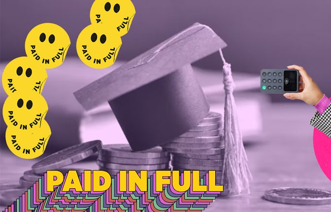 A graduation cap on top of a pile of coins, and paid in full written on smiley stickers on the left ...