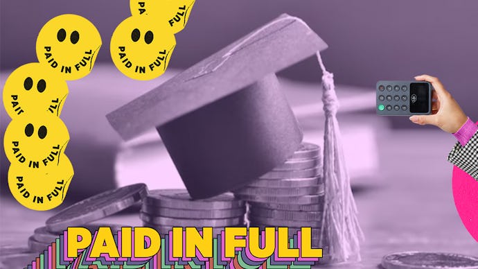 A graduation cap on top of a pile of coins, and paid in full written on smiley stickers on the left ...