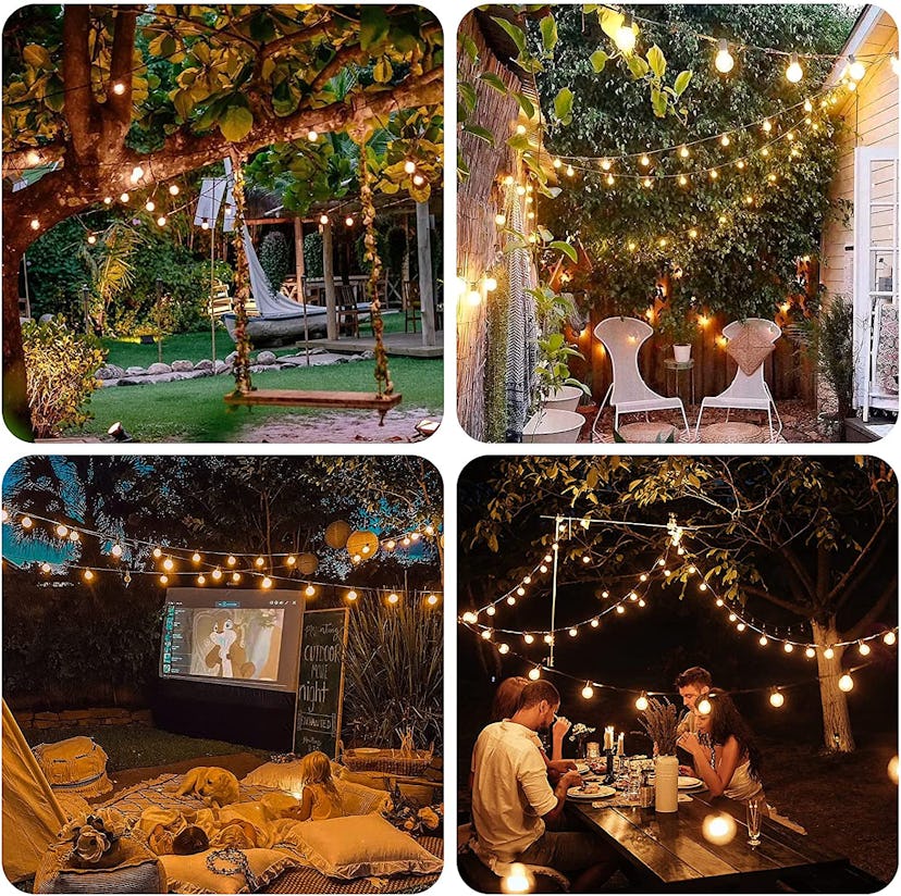 Globe lights give the backyard a classic romantic glow.