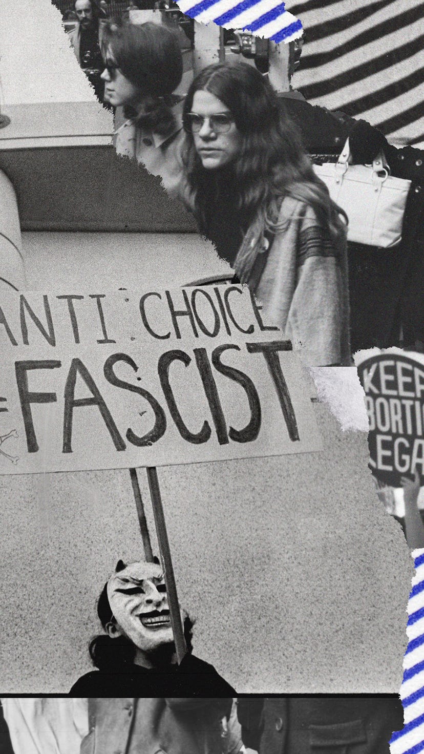 Protesters holding signs in opposition to the Supreme Court's abortion ban.