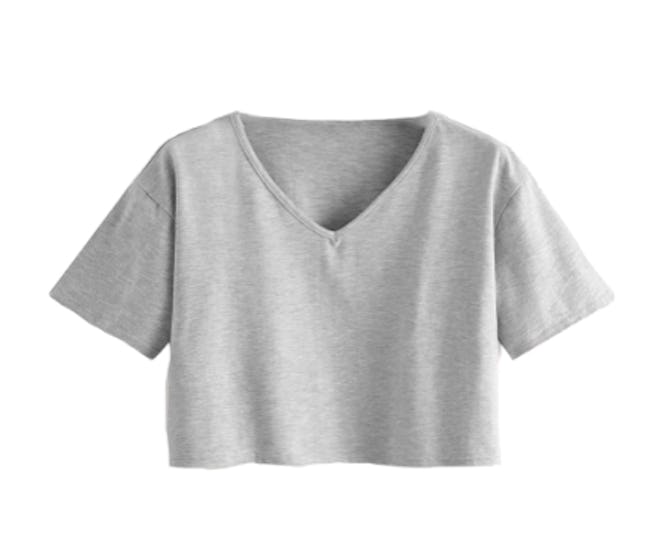 Romwe Short Sleeve V Neck Crop Tee 