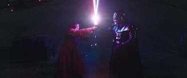 Obi-Wan (Ewan Mcgregor) and Darth Vader (Hayden Christensen) cross blades in Obi-Wan Kenobi Episode ...