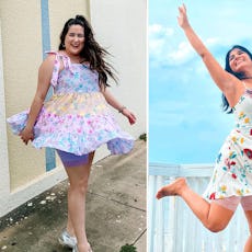 A collage with three women weaing shortlettes under their summer dresses
