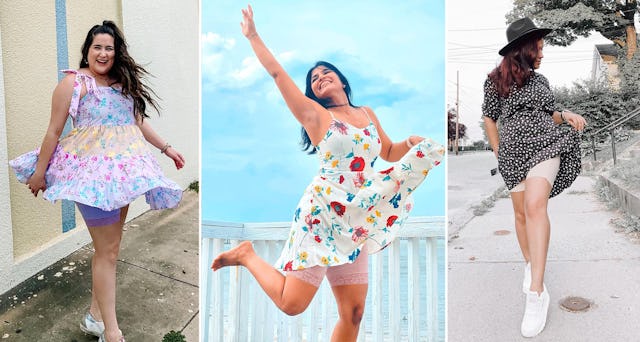 A collage with three women weaing shortlettes under their summer dresses