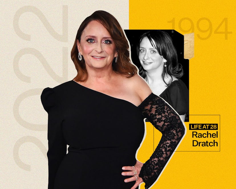 The collage shows two pictures of Rachel Dratch, one from a 2022 event where she posed in a black dr...