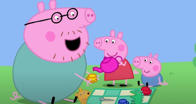 Daddy Pig having an outdoor tea party with Peppa Pig and George Pig