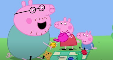 Daddy Pig having an outdoor tea party with Peppa Pig and George Pig