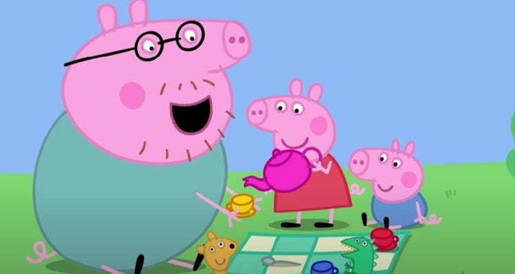 Daddy Pig having an outdoor tea party with Peppa Pig and George Pig