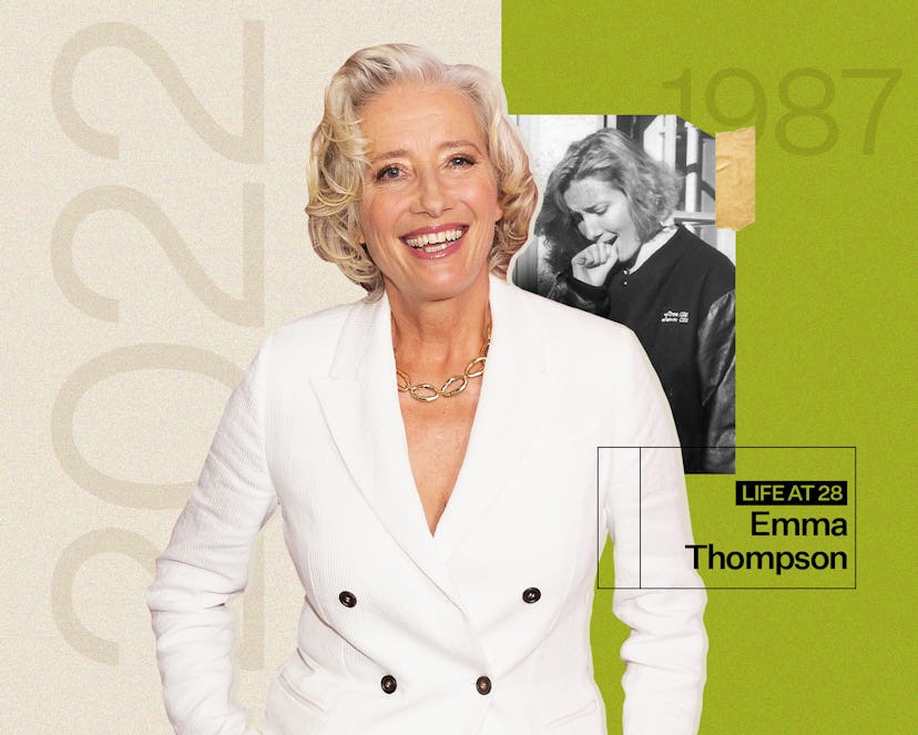 Emma Thompson now, and a small photo in background of her being 28