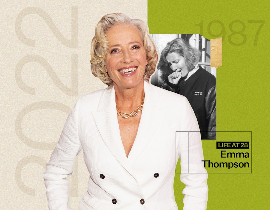 Emma Thompson now, and a small photo in background of her being 28
