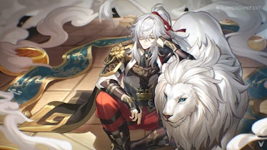 Jing Yuan sitting next to lion
