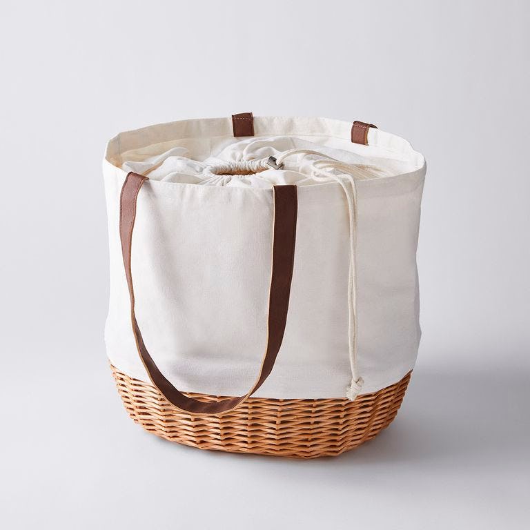 Food52 canvas basket tote with wood woven bottom