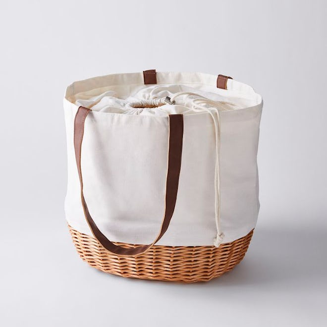 Food52 canvas basket tote with wood woven bottom