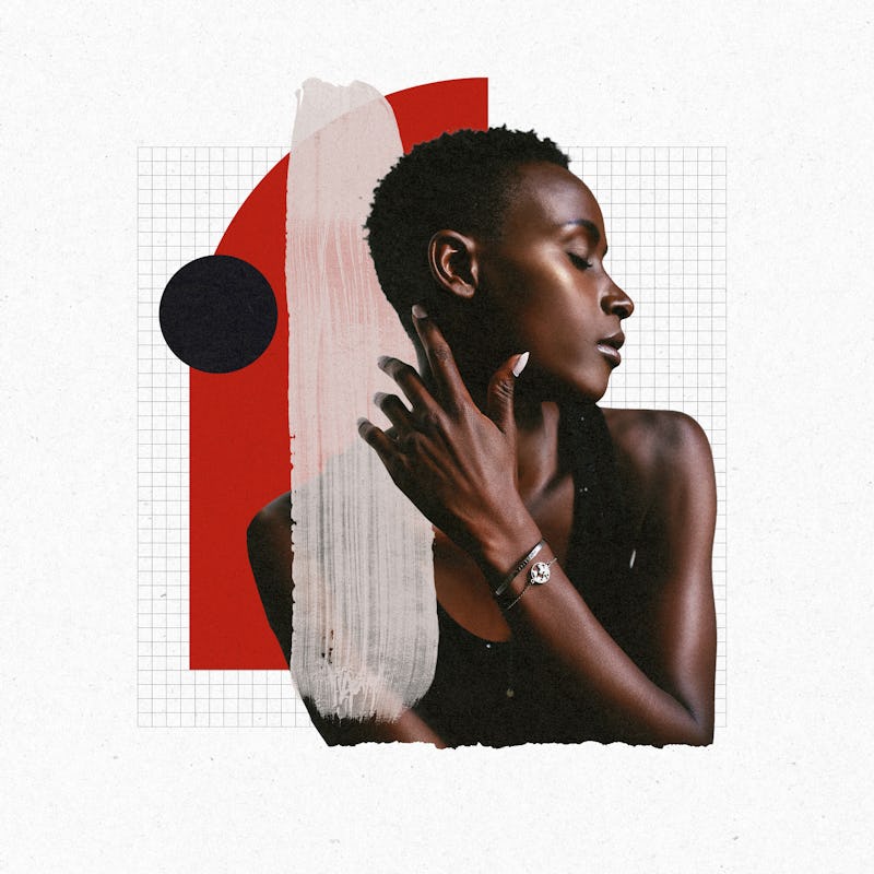 An abstract collage of a woman with short natural black hair in a black top and geometrical shapes i...