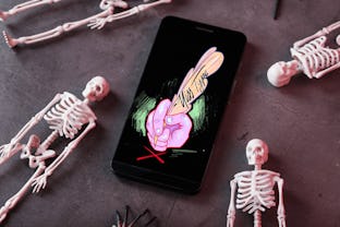 Skeleton figures surround a phone with the Miss type logo.