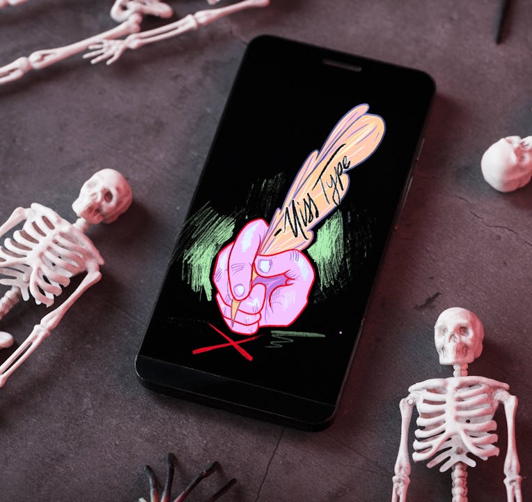 Skeleton figures surround a phone with the Miss type logo.