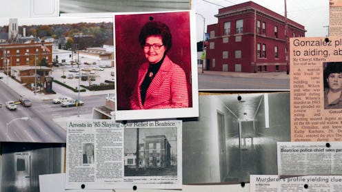 Bulletin board of photos and clippings from Helen Wilson’s murder, as seen in HBO's 'Mind Over Murde...