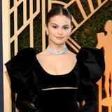 A photo of Selena Gomez wearing a black gown.