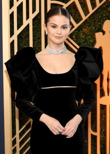 A photo of Selena Gomez wearing a black gown.