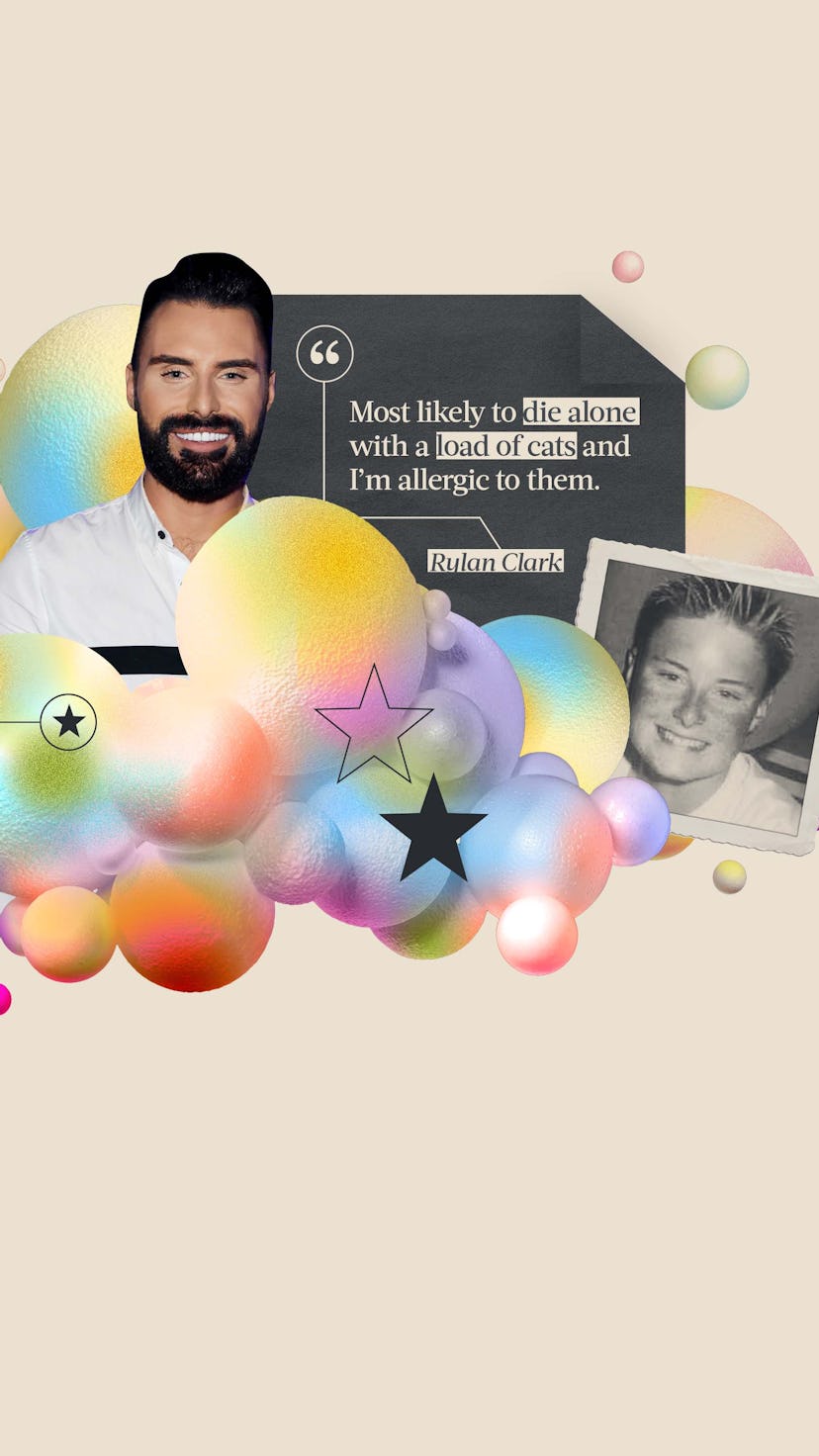 A collage of Rylan Clark, his quote about dying with cats and his childhood photo