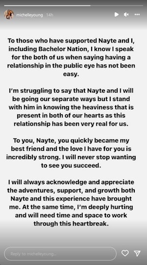 Season 18 Bachelorette Michelle Young announces her breakup with Nayte Olukoya.