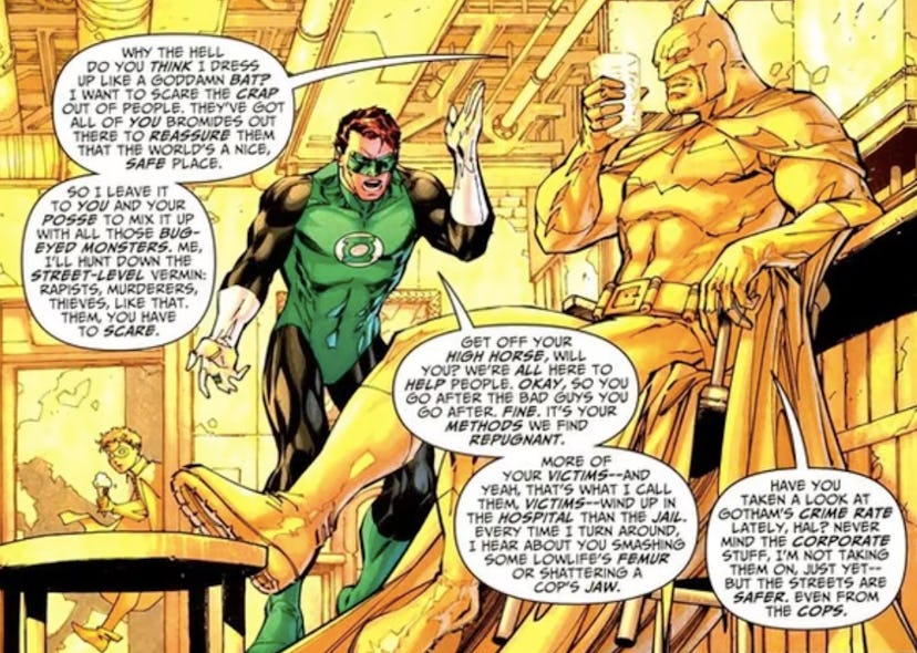 Batman and Green Lantern having a conversation in a pub