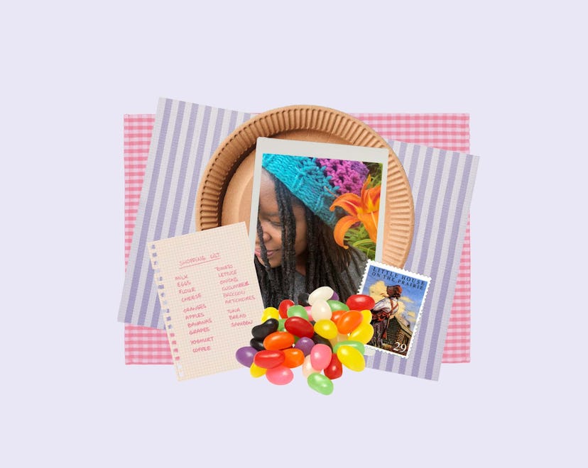 A collage of Bunmi Laditan, a shopping list, jelly beans and a plastic plate