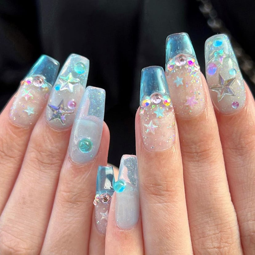 Mermaid-inspired nail art is perfect for coffin tips.