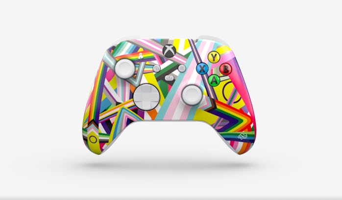Xbox's Pride controller against a white background, featuring colors from 34 community flag