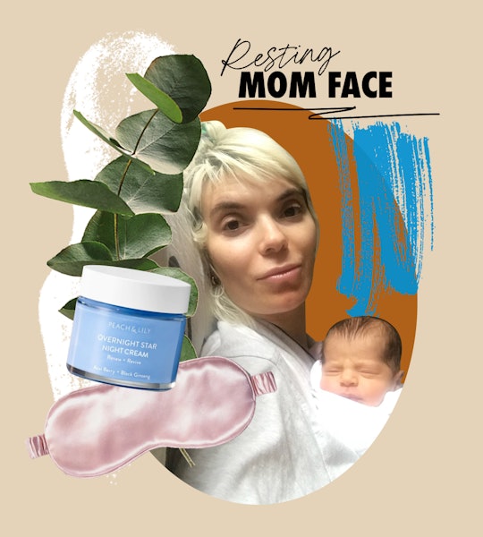 An abstract collage with Carly Cardellino, a newborn, green leaves, a face cream, and a sleeping mas...