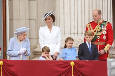 Queen Elizabeth II, Prince Louis, Kate Middleton, Princess Charlotte, and Prince William on the balc...