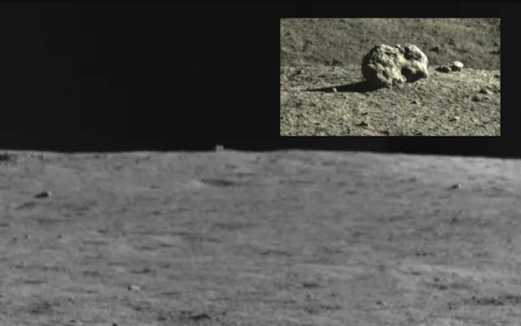 Distant view by the Chang’e 4 rover showing the hut-like rock 80m away, plus a close-up view when it...