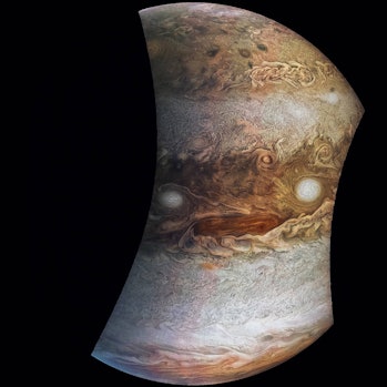 Jupiter looking angry, imaged by Nasa’s JunoCam on 19 May 2017.