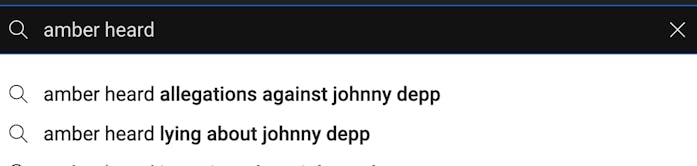 YouTube autofill suggestion results for Amber Heard search