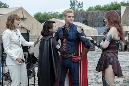 Anthony Starr as Homelander, Aya Cash as Stormfront, and  Dominique McElligott as Queen Maeve in 'Th...