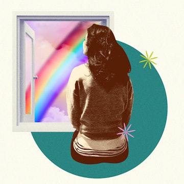 Illustration of a woman sitting in front of the window and looking at the rainbow.