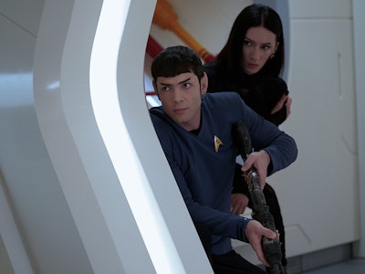 Spock (Ethan Peck) and Dr. Aspen/Captain Angel (Jesse James Keitel) in 'Star Trek: Strange New World...