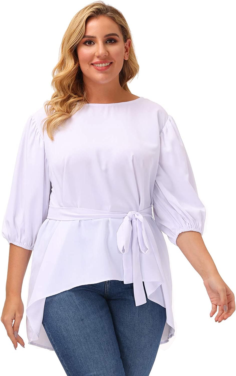 Hanna Nikole Puff Sleeve Belted Peplum Blouse