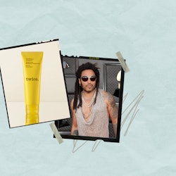 Collage with a toothpaste on the left and Lenny Kravitz on the right