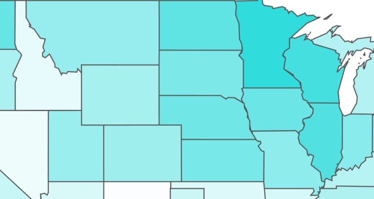 A close up of a map of the US states in various shades of blue