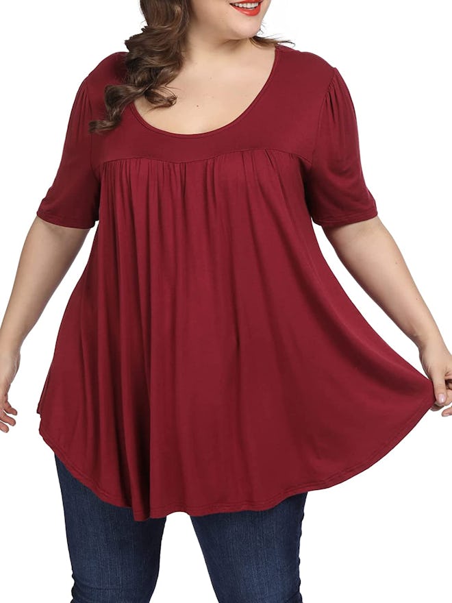 ALLEGRACE Pleated Loose Scoop Neck Blouse