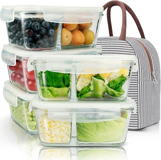 This meal prep lunch box set includes glass containers with dividers and a tote.