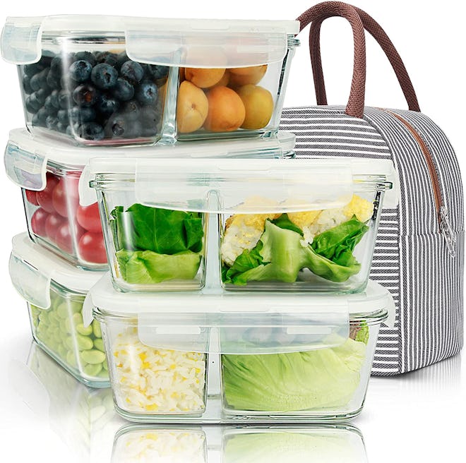 This meal prep lunch box set includes glass containers with dividers and a tote.