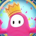 pink fall guy with crown cheering