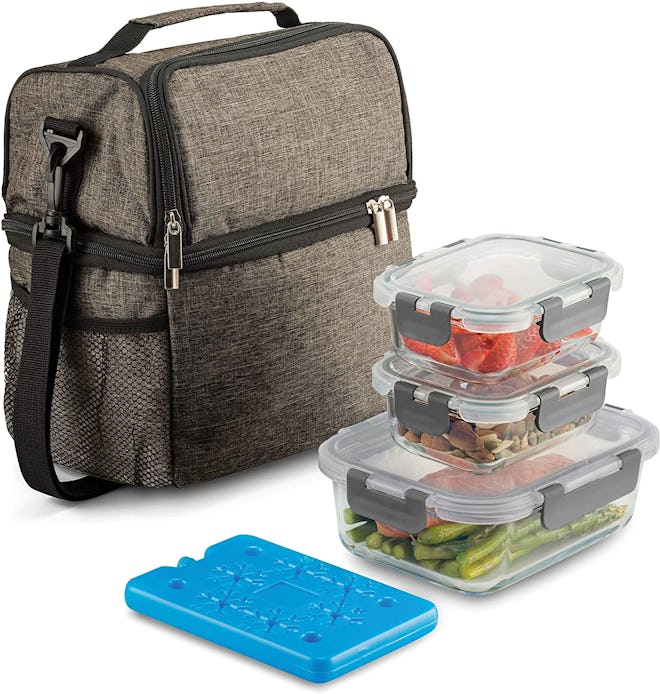 This meal prep lunch box includes glass containers and a bag with two separate compartments.