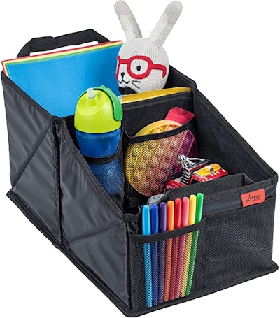 A middle seat car organizer keep your child's drink, toys, and tablet within their reach on long car...