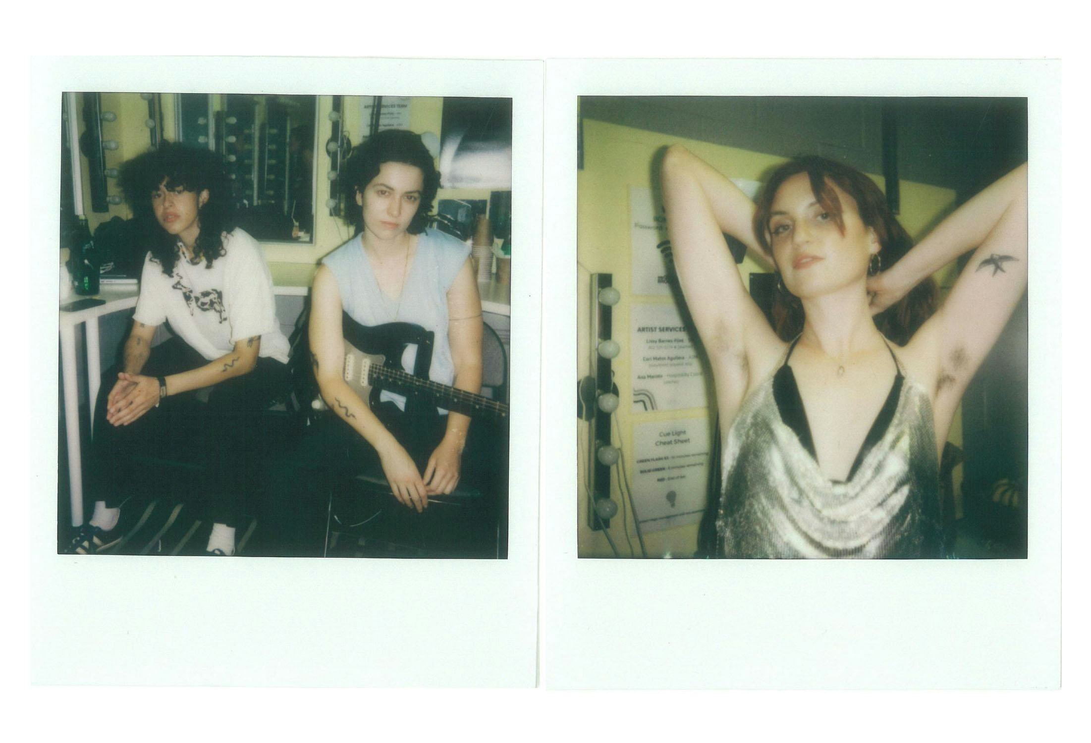 Two polaroids with Katie Gavin, Josette Maskin, and Naomi McPherson MUNA during Pride Weekend 2022 