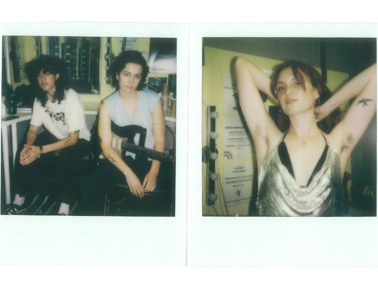 Two polaroids with Katie Gavin, Josette Maskin, and Naomi McPherson MUNA during Pride Weekend 2022