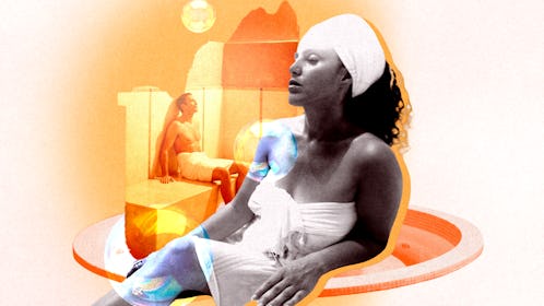 A collage of a woman wrapped in a white towel over her body and her head  in a sauna before bathing