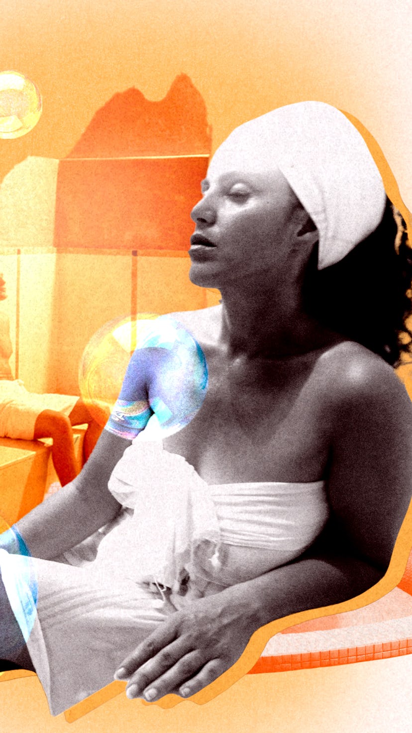 A collage of a woman wrapped in a white towel over her body and her head  in a sauna before bathing